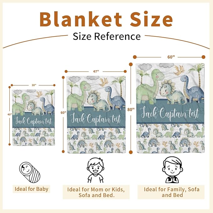 Personalized Baby Name Blanket for Boy Girl, Soft Flannel Blanket with Double Layer Dotted Backing for Newborn, Nursery Crib with Green Dinosaur Design, Baby Blanket Customized Gifts(60" x80)