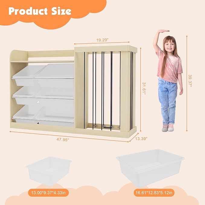 Naches Kids Toy Organizer and 4-Tier Montessori Bookshelf with 6 Bins, 3-in-1 Toy Shelves and Stuffed Animal Storage for Playroom, Nursery, Baby Room (Burlywood)