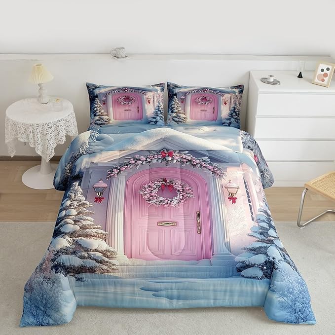 Feelyou Merry Christmas Kids Comforter Set Queen Size Winter Snowscape Bedding Set Pink Door Duvet Quilt for Kids Boys Girls Bedroom Garland Xmas Tree Decor Microfiber Ultra Soft Breathable