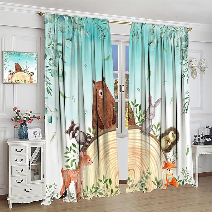 Kids Forest Animal Curtains, Woodland Animal Window Treatments Fox Deer Bunny Wildlife Safari Jungle Bear Farmhouse Window Drapes for Girls Boys Nursery Bedroom 55x63in