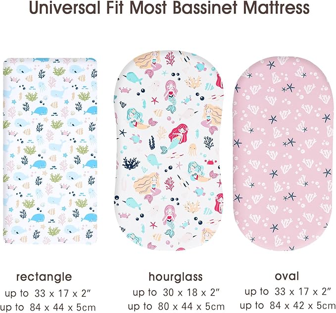 PHF 3 Pack Soft Bassinet Sheets, Mermaid Breathable Comfy Cradle Sheets for Baby Girls, No Slip Universal Fit for Most Cradle and Bassinet Mattress, Mermaid