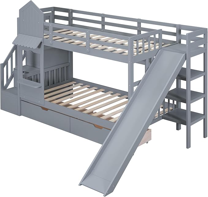 Twin-Over-Twin Castle Style Bunk Bed with 2 Drawers and 3 Shelves, Wood Bunk Bed Frame with Slide and Storage Staircase for Kids Teens Boys Girls, Maximize Space Savings