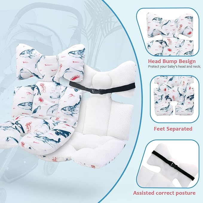 Baby Stroller Cushion, Universal Baby Seat Pad Liner for Stroller Reversible Soft and Breathable 3D Air Mesh Cotton Baby Stroller Seat Liner (Seaworld)