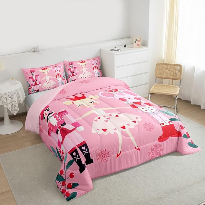 Feelyou Pink Christmas Comforter Set All Season Nutcracker Bedding Set with 1 Pillow Cases Mouse King Microfiber Kids Twin Bedclothes Royal Guarder Ballet Princess Bedroom Decor Duvet Quilt Soft