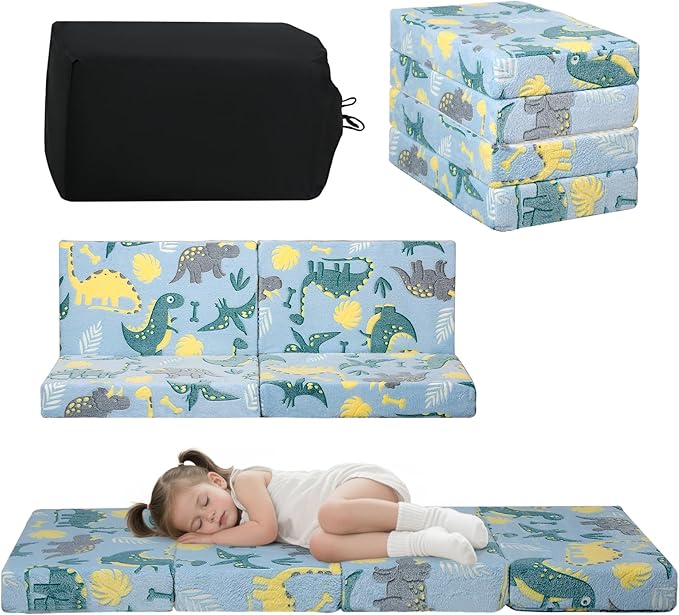MeMoreCool Foldable Floor Mattress for Kids, Glow Toddler Nap Mat for Sleeping and Daycare, Portable Trifold Futon Mattress Floor Bed, Dinosaur