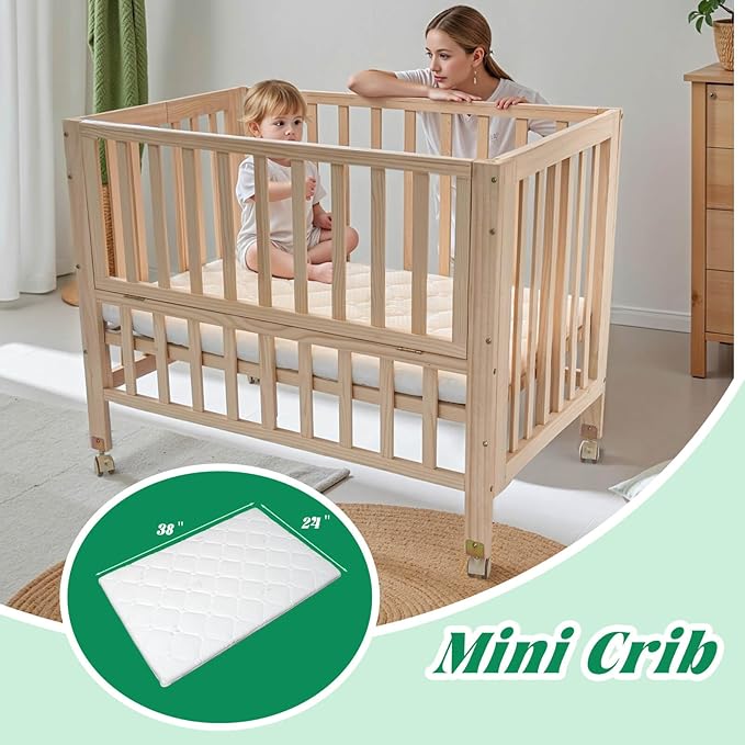 Foldable Mini Baby Crib - Portable 4-in-1 Convertible Baby Cribs,Pine Wood Bedside Bassinet,3 Heights Bassinet Bedside Sleeper with A Sponge Mattress,Wheeled,Unpainted