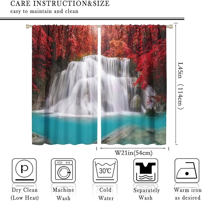 Red Forest Waterfall Blackout Windows Curtains, Tree Landscape Woodland Scenic Nature Fall Scenery Art Printed Curtains, for Living Room Bedroom 42x45in 2 Panels