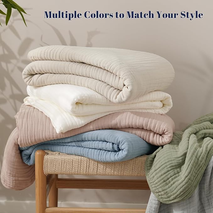 PHF Cooling Muslin Blanket Queen Size 90"x80", 6-Layer Lightweight Gauze Blanket Made from 35% Rayon Derived from Bamboo & 65% Cotton, Breathable & Ultra Soft Cozy, Aesthetic Home Decor, French Oak