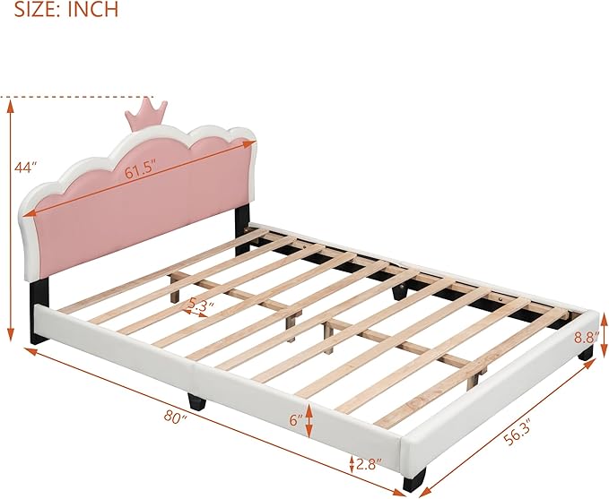 Full Size Princess Bed Frame with Crown Shaped Headboard for Kids,Upholstered Platform Bed with Slats Support,Full Girls Bed,Full Bed for Girls Teens,White
