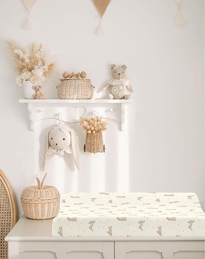 Changing Pad Cover for Baby Boy Girl 2 Pack, Muslin Changing Table Pad Covers with Boho Style, Neutral Nursery Bedding Essentials Soft and Breathable (Hopping Bunnies & Beige)