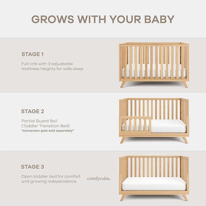 Comfy Cubs Baby Crib for 0 to 3 Years - Adjustable Mattress Height, Natural Wooden Crib for Baby, Elegant Nursery Furniture, Designed in The US - 80 lbs Capacity Nursery Bed - Natural Wood