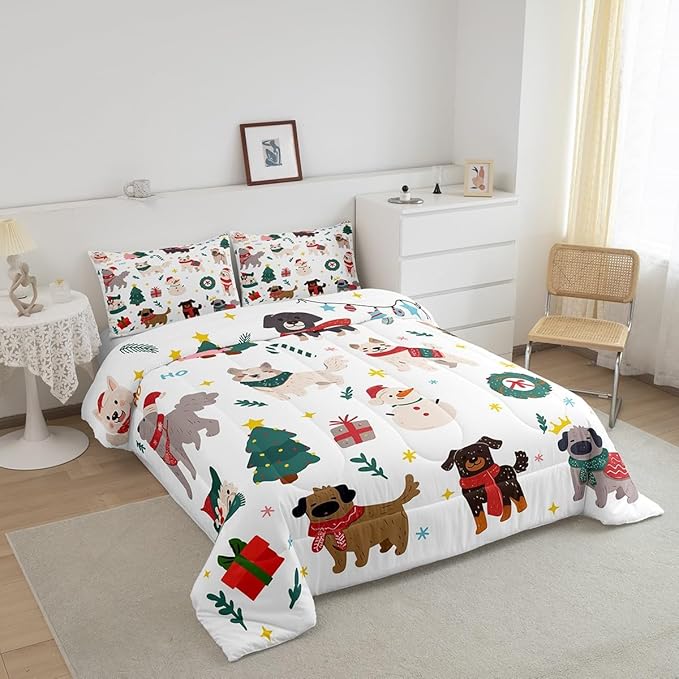 Erosebridal Merry Christmas Quilt King Size Cartoon Dog Comforter Set for Teens Kids Boys Xmas Tree Snowman Bedding Set Cute Pug Puppy Animal Duvet Insert with 2 Pillow Cases