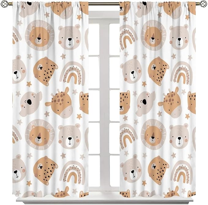 Cartoon Boho Animal Curtains,Funny Forest Safari Print,Cute African Wildlife Koala Giraffe Lion Leopard Bear Rainbow Blackout Window Drapes for Boys Girls Kids Baby Child Bedroom 42x45 Inch