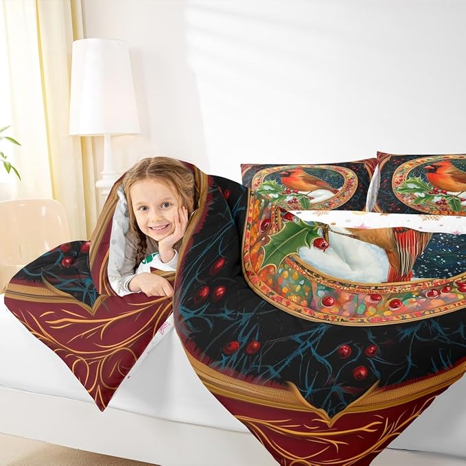 Feelyou Merry Christmas Comforter Set Toddler Size Robin Bird Bedding Set for Kids Boys Girls Snowflake Duvet Quilt Winter Bedroom Decor Microfiber 2 Pcs with 1 Pillow Cases