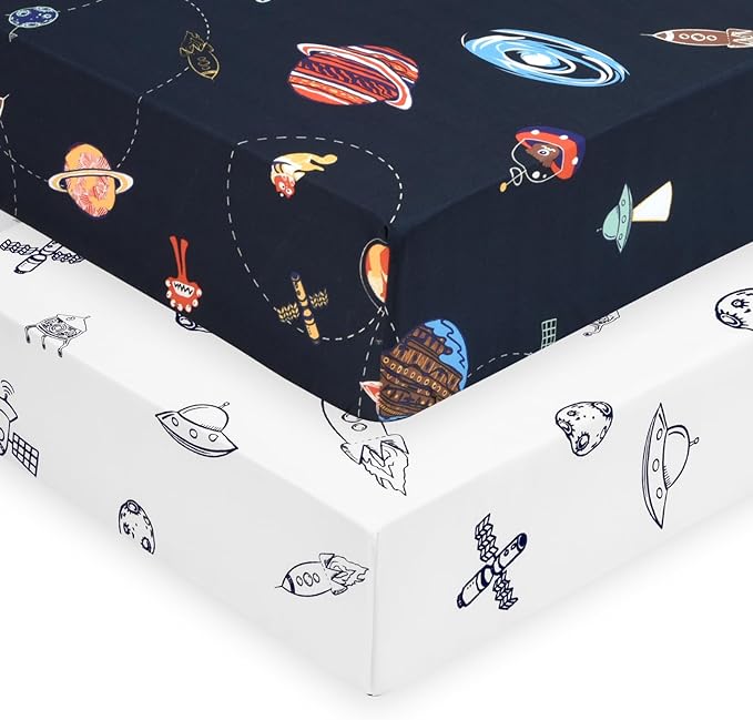 PHF Soft Space Crib Sheet Fitted, 2 Pack Silky Comfy Breathable Polyester Baby Sheets for Boys Girls,28x52x9in Fits Standard Crib and Toddler Mattresses, Space