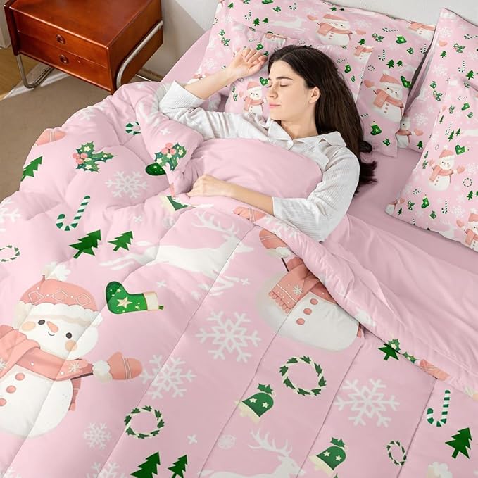 Feelyou Pink Christmas Comforter Set King Size 7 Pieces Cartoon Deer Snowman Bedding Set for Kids Boys Girls New Year Pink Bed in a Bag Reversible Xmas Decor Bedroom Quilted Breathable Soft