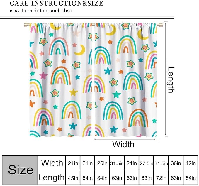 Kids Rainbow Curtains Cartoon Rainbow Abstract Bohemia Floral Lovely Stars Pattern Print Window Drapes for Girl Bedroom Living Room Kitchen Decor,2 Panel Set,42Wx45H Inch Decor