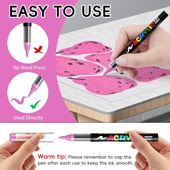 Paint Pens Acrylic Markers - 9 Pink Series Brush Tip Water Based Marker Pens for Rock Painting, Wood, Ceramic, Glass, Acrylic Paint Markers for Egg Pumpkin