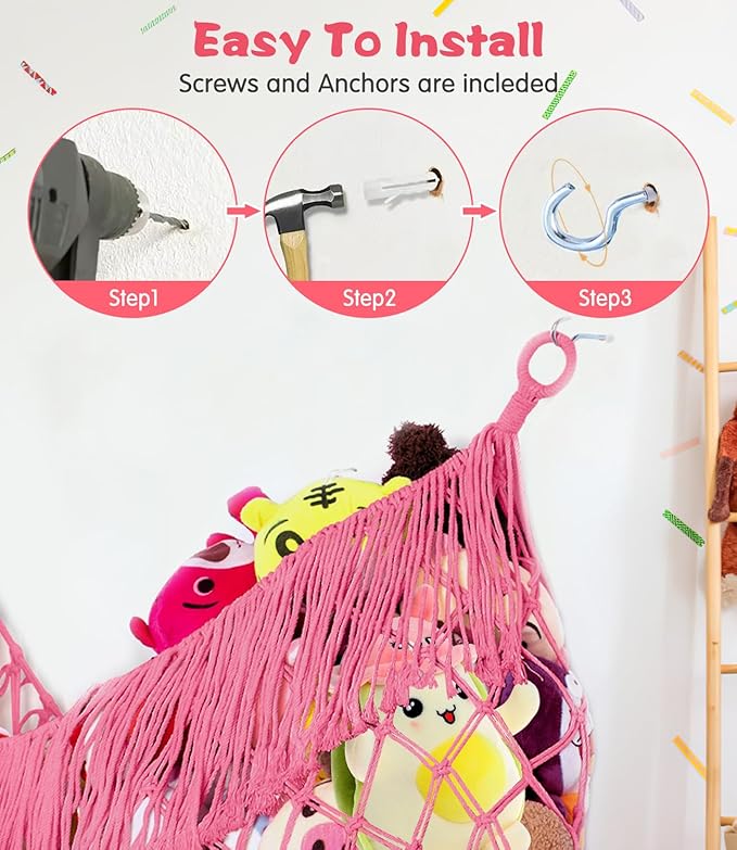 Stuffed Animal Hammock - Extra Large 56'' Long, Stuffed Animal Storage, stuffed animal Holder net, Toy Hammock Large, Toy Storage Hanging Organizer - Pink