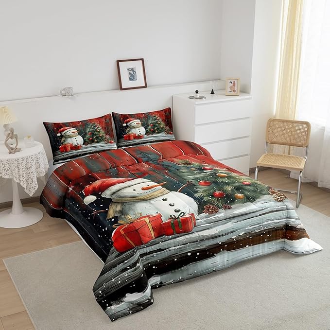 Merry Christmas Bedding Set Full Size,Snowman Christmas Tree Comforter Set for Kids Boys Girls Room Decor,Snowflake Winter Theme Duvet Insert 3Pcs,Retro Rustic Barn Stripes Quilt Set,2 Pillowcases