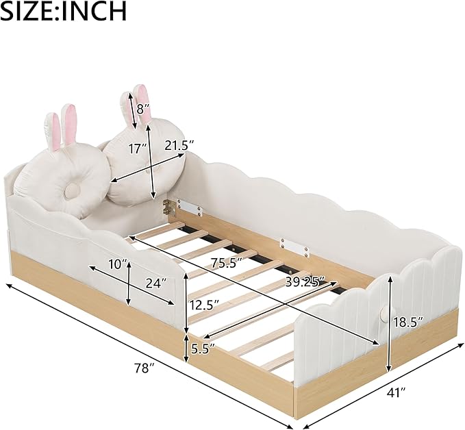 Twin Size Upholstered Platform Bed with Safety Guardrail and Cute Rabbit Ear Shaped Pillows, Velvet Fabric Montessori Kids Floor Bed with Pocket and Sturdy Slats Support (Beige-9.25)