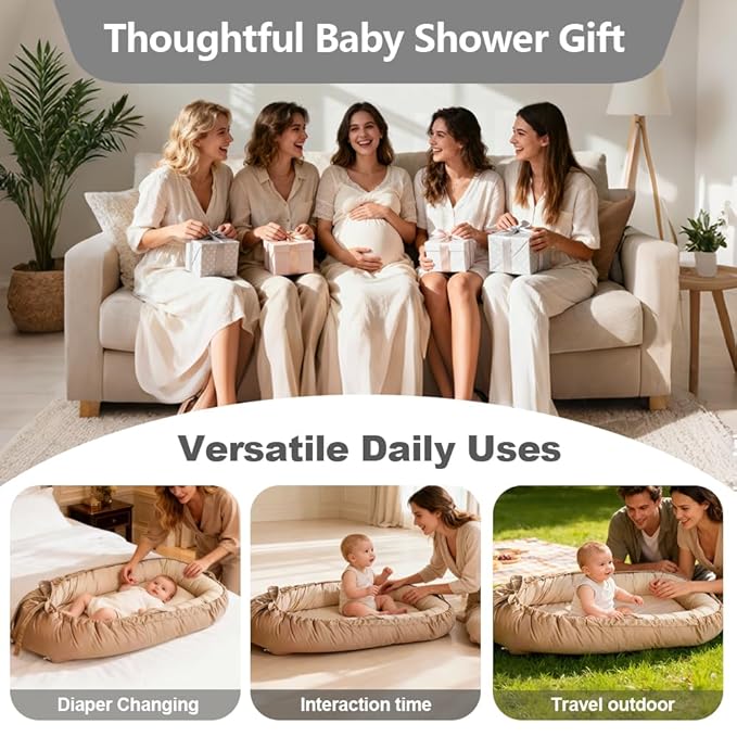Baby Lounger, Baby Nest Cover for Baby, Reversible & Breathable Cotton, Adjustable Baby Floor Seat for Tummy Time, Portable Infant Lounger, Essentials for Newborns (Beige)