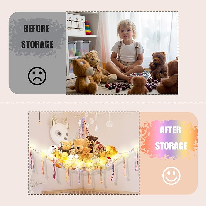 Stuffed Animal Hammock with LED Light, Large Stuffed Animals Storage Corner Plushie Net for Kids Room Decor, Jumbo Rainbow