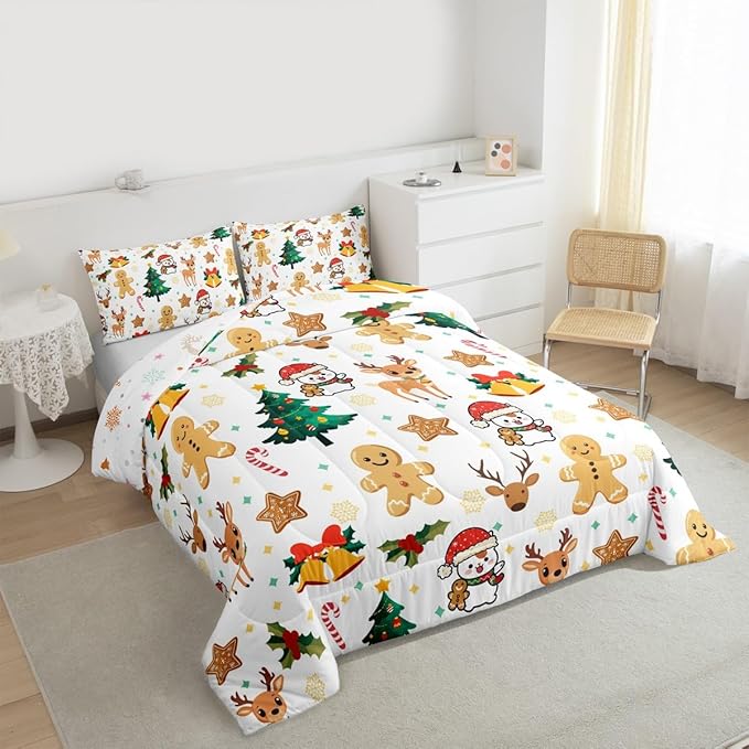 Feelyou Merry Christmas Comforter Set All Season Gingerbread Man Bedding Set with 2 Pillow Cases Cute Deer Microfiber Kids Full Bedclothes Christmas Tree Duvet Quilt Breathable Soft Lightweight