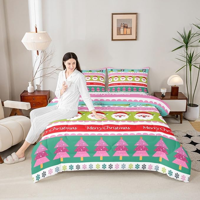 Feelyou Merry Christmas Comforter Set Queen Size Santa Claus Bedding Set for Kids Boys Girls Xmas Tree Snowflake Duvet Quilt Striped Bedroom Decor Microfiber 3 Pcs with 2 Pillow Cases