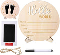 Hello World Newborn Sign: Baby Announcement Wooden Name Sign with Footprint Marker and Stand - Perfect Birth Announcement for Newborns