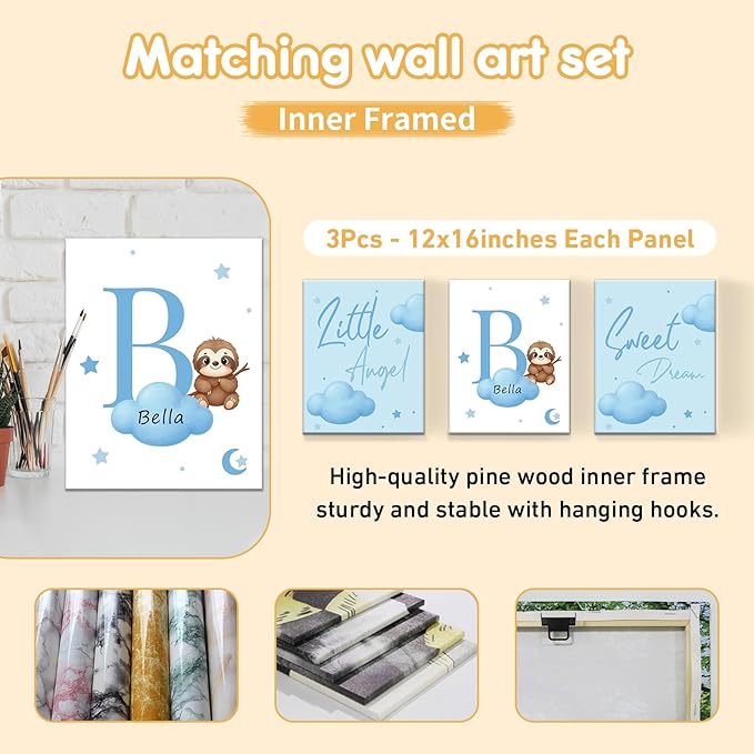 Personalized Baby Bedding Set, 5 Pcs Custom Baby Crib Sets with Name, Toddler Bedding Set for Baby Girls Boys, Blue Sloth Double Layer Nursery Bedding Set, Customized Gifts for Infants Kids
