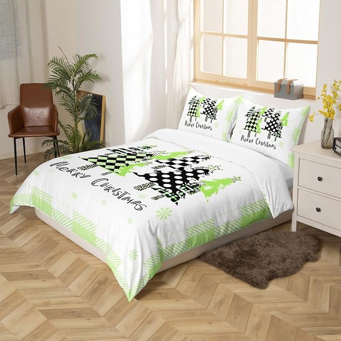 Manfei Xmas Trees Duvet Cover Set Queen Size, Green Plaid Grid Snowflake Bedding Set for Kids Girls Bedroom Decor, Christmas Theme Comforter Cover New Year Quilt Cover with 2 Pillowcases, No Comforter