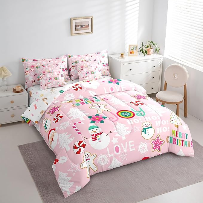 Christmas Kids Bedding Set Cartoon Snowman Gingerbread Man Comforter Set with Sheets for Boys Girls Christmas Tree Decor Bed in a Bag Pink Xmas Theme Bed Set 7Pcs Queen Size
