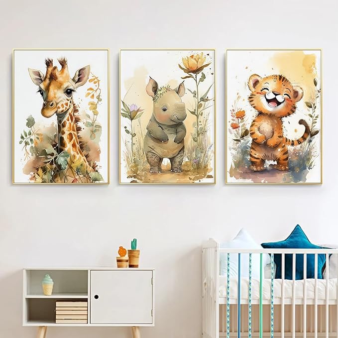 3Pcs Safari Nursery Wall Art watercolor baby Animal Wall Decor Lovely Jungle Animal Picture Painting Kids Room Posters Prints artwork for Boy Girl and Baby Room wall decoration,16x24in Poster