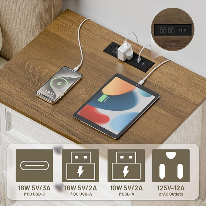3 Drawer Dresser, Chest of Drawers with Charging Station, 24” Wide End Table with 3 Drawers, Modern Bedside Table with Storage, Wooden Small Dresser. (White)