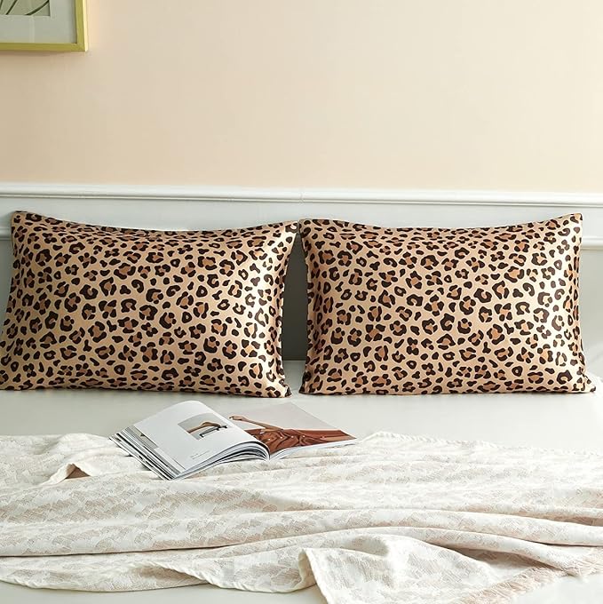 Silky Satin Toddler Pillowcases Pack of 2, 13x18 Inches Cheetah Print Travel Pillowcases with Envelope Closure, Small Kids Pillow Cases Covers, Gold Leopard