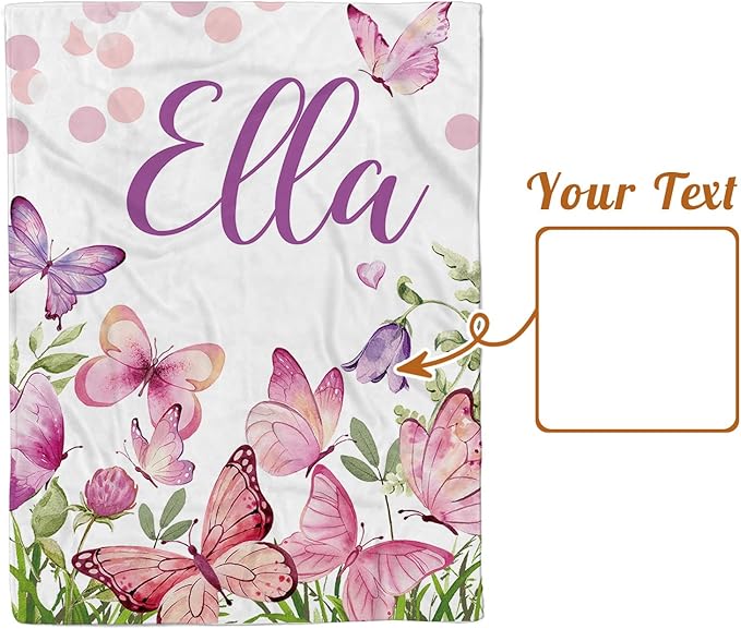 Personalized Baby Blanket for Girls, Custom Name Blanket for Newborn New Mom, Soft Flannel with Double Layer Dotted Backing, Ideal Gifts for Baby Shower Christmas Birthday, Butterfly(60" x80)