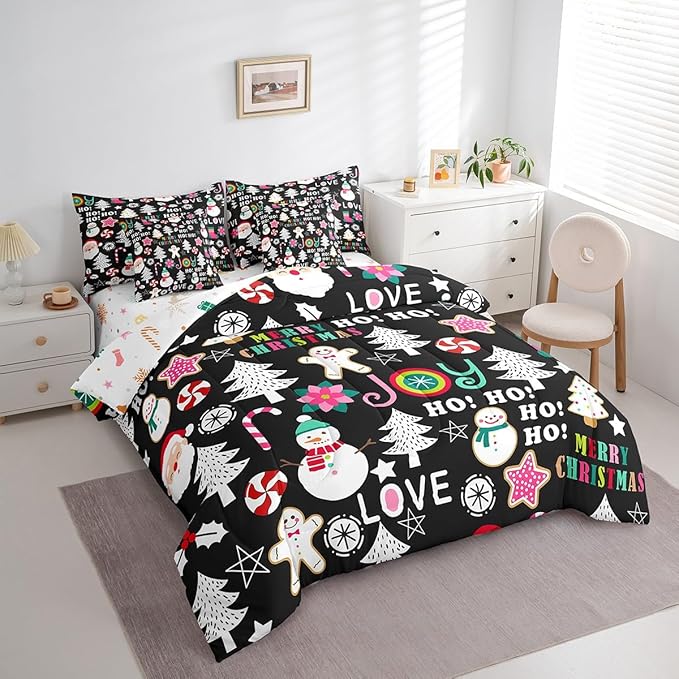 Christmas Kids Bedding Set Cartoon Snowman Gingerbread Man Comforter Set with Sheets for Boys Girls Christmas Tree Decor Bed in a Bag Pink Xmas Theme Black Bed Set 7Pcs Queen Size
