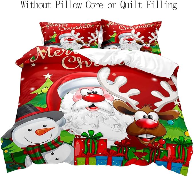 LUVIVIHOME 3PCS Red Christmas Duvet Cover Queen Bedding Sets, Boys Girls Kids Bedding, Santa Claus Snowman Reindeer Holiday New Year Xmas Gifts Christmas Comforter Bedspread Quilt Cover 2 Pillow Cases