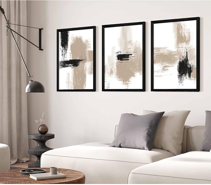 Beige Abstract Wall Art Painting Set of 3 Neutral Canvas Wall Art Prints Black Beige Modern Wall Decor Minimalist Art Pictures Abstract Modern Artwork for Room Bedroom 12x16 Inch Wood Framed