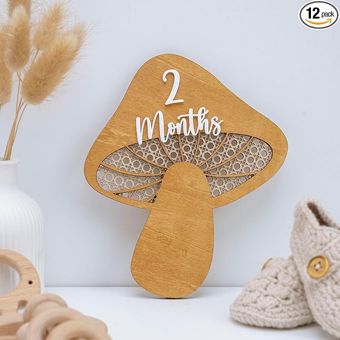 Baby Monthly Milestone, Wooden Baby Milestone Signs, Monthly Milestone Wood Discs, Baby Milestone Discs (3D Mushroom)