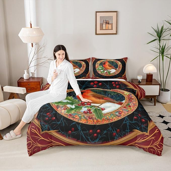 Feelyou Merry Christmas Comforter Set King Size Robin Bird Bedding Set for Kids Boys Girls Snowflake Duvet Quilt Winter Bedroom Decor Microfiber 3 Pcs with 2 Pillow Cases