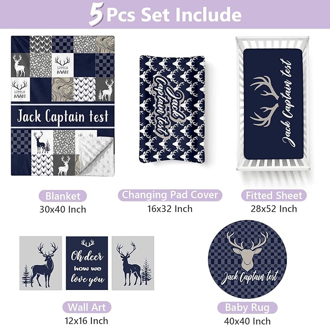 Personalized Baby Crib Bedding Set, 5 Pcs Custom Name Nursery Bedding Set for Girls Boys, Blue Woodland Deer Baby Crib Set for Toddlers Infants, Double Layer Bedding Crib Sets Customized Gifts