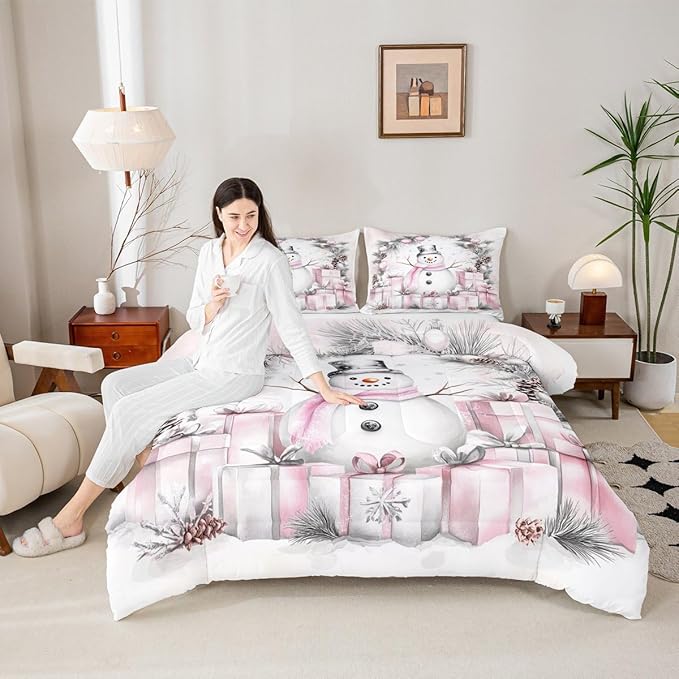 Feelyou Merry Christmas Comforter Set All Season Cute Snowman Bedding Set with 1 Pillow Cases Microfiber Kids Toddler Bedclothes Snowflake Bedroom Decor Duvet Quilt Breathable Soft