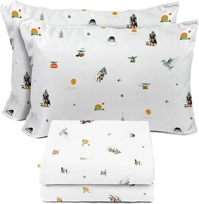 Sunny Side Up Kids Sheet Set with Fitted, Flat Sheets & Pillow Cover - Ultra-Soft Bedding with Pillowcase for Room Decor, White - The Mandalorian, 4 Piece Full