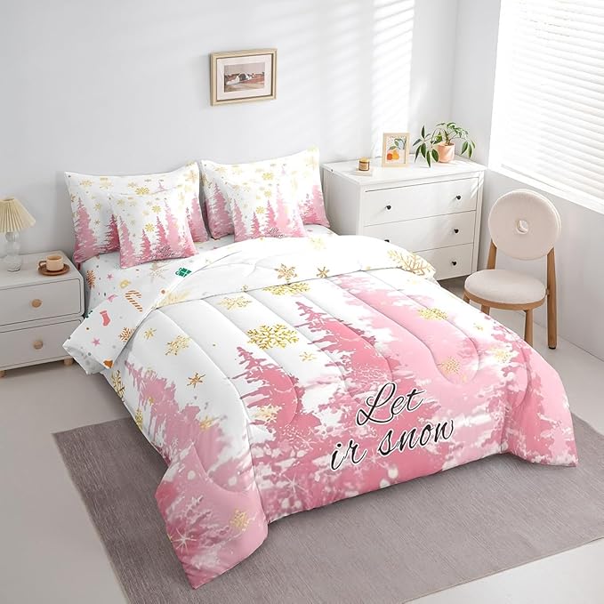 Feelyou Christmas Tree Bed Set for Children Kids Boys Girls Luxury Chic Xmas Theme Bed in a Bag Glitter Snowflake Comforter Set with Sheets Pink Room Decor Bedding Set Queen Size
