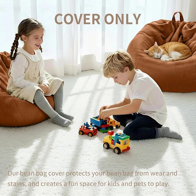 Nobildonna 3 ft Bean Bag Chair Cover (No Filler) 35"×43" Large Stuffed Animal Storage Bean Bag Washable Big Beanbag Chair Cover Premium Corduroy Bean Bag Cover for Adults,Kids,Orange Brown 300L