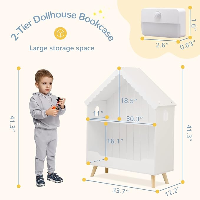 Curipeer Kids Dollhouse Bookshelf, Wooden Bookcase Storage with Motion-Activated Light, 2-Tier Open Display Organizer for Toys, Books, Baby Bookshelf for Birthday, Christmas, Classroom Storage, White