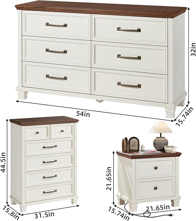 Farmhouse Bedroom Dresser and Nightstand Set of 4, 6 Drawer Tall & Low Dresser & 2 Drawer Nightstand Set, Rustic Wood Furniture Set for Bedroom, Hallway, White