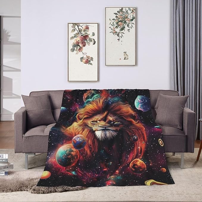Lion Blanket Space Lion King Decor Throw Blanket Super Soft Flannel Lightweight Fluffy Plush Cozy Fuzzy Fleece Animal Print Gifts Blanket for Girl Woman Man Boys Kids Adults for Bed Sofa 60"X80"